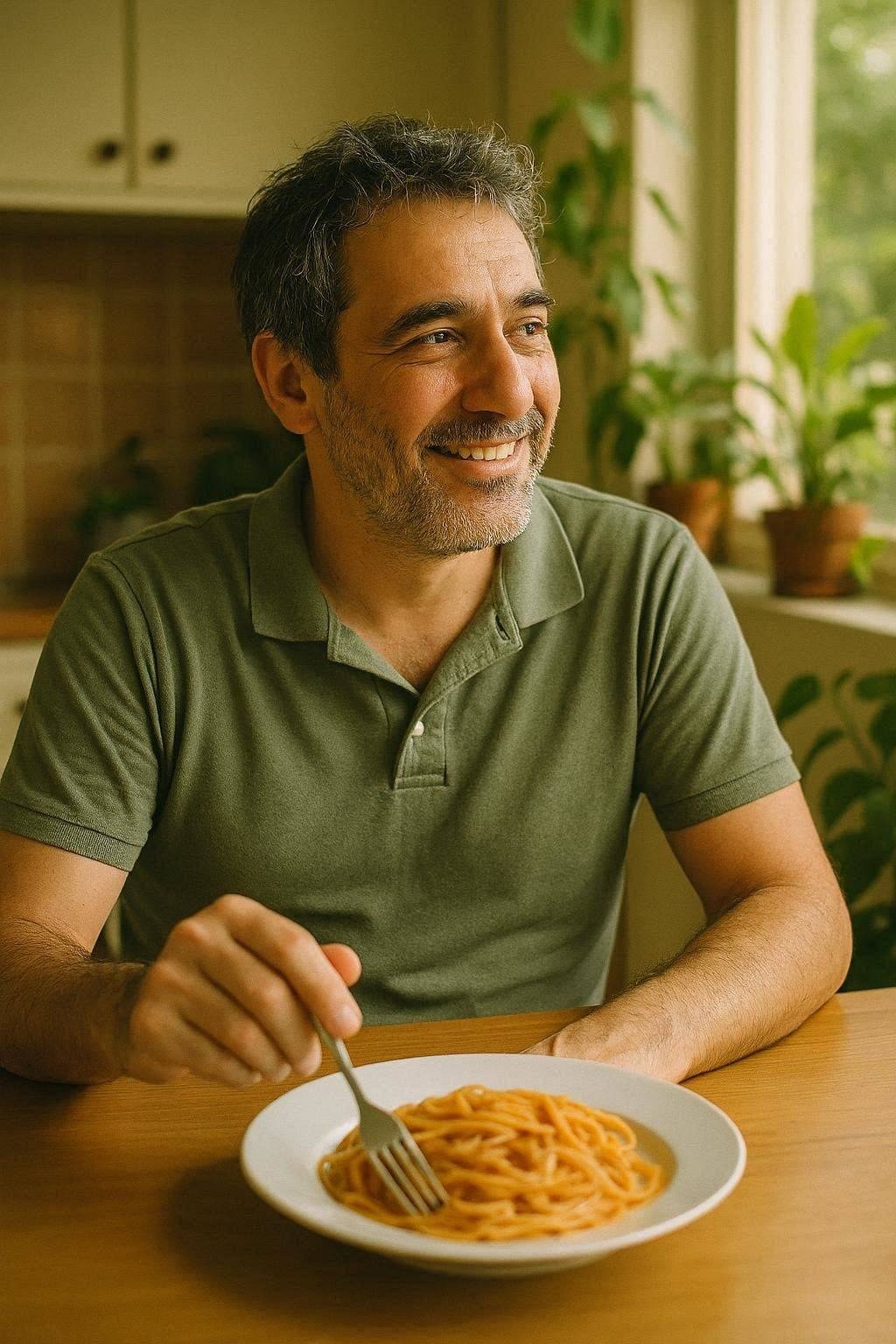 Hombre disfrutando un plato de pasta en su casa