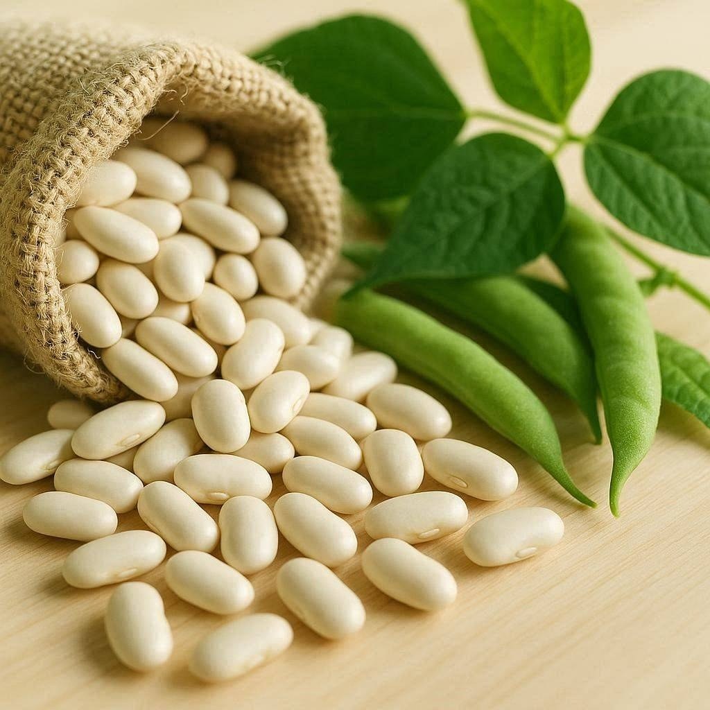 Porotos blancos (Phaseolus vulgaris) con vainas y hojas verdes