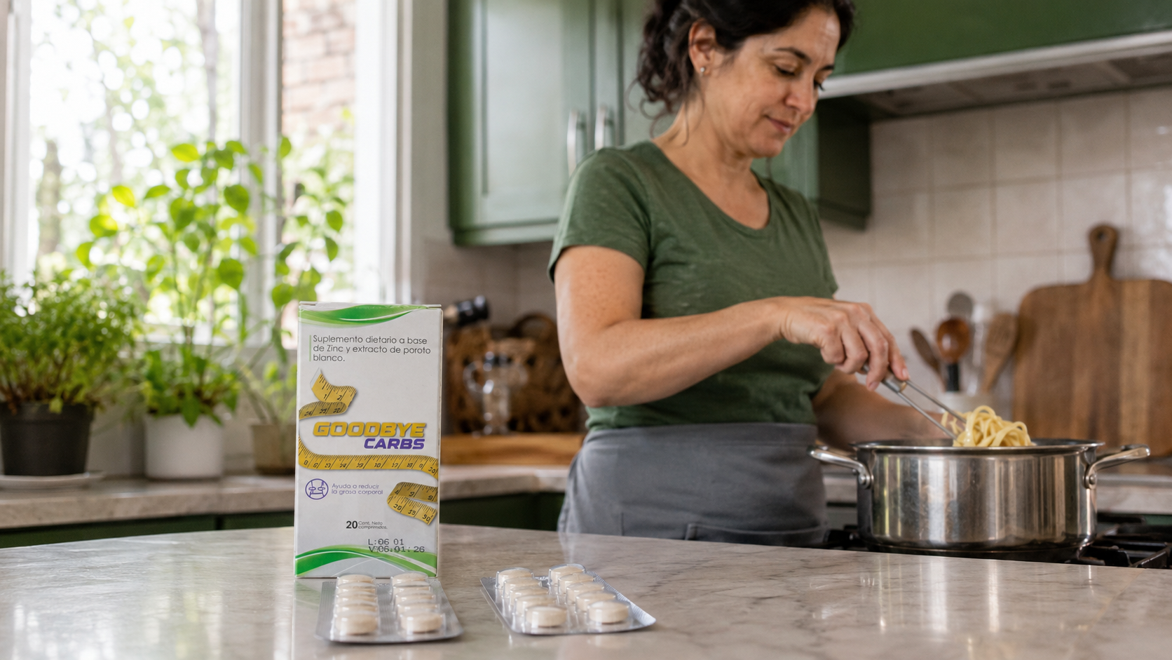 Preparando la comida en casa con Goodbye Carbs a mano