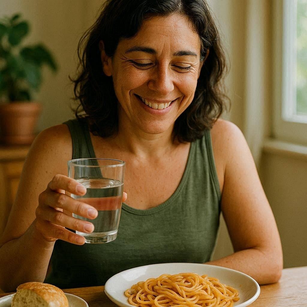 Mujer tomando agua antes de comer, con un plato de pasta y pan